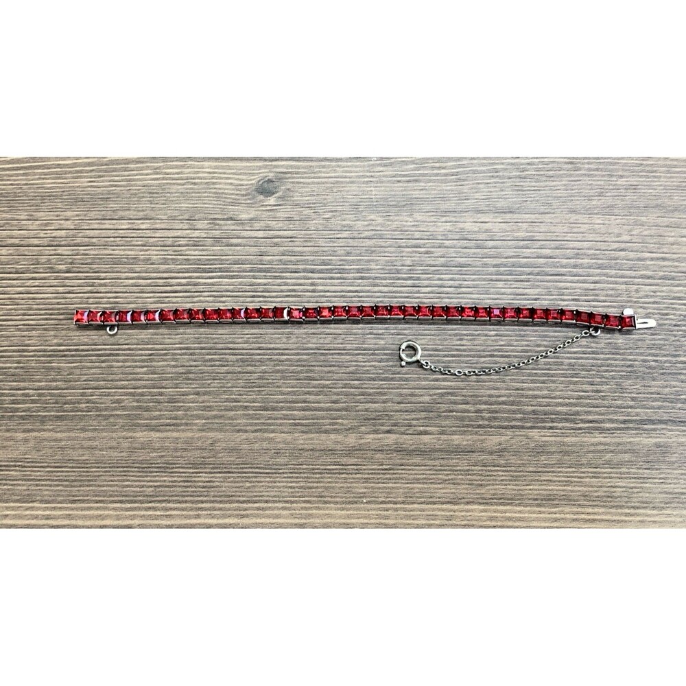 Vintage Red Rhinestone Tennis Bracelet 925 Sterling Silver Square Cut 7" - Picture 4 of 15